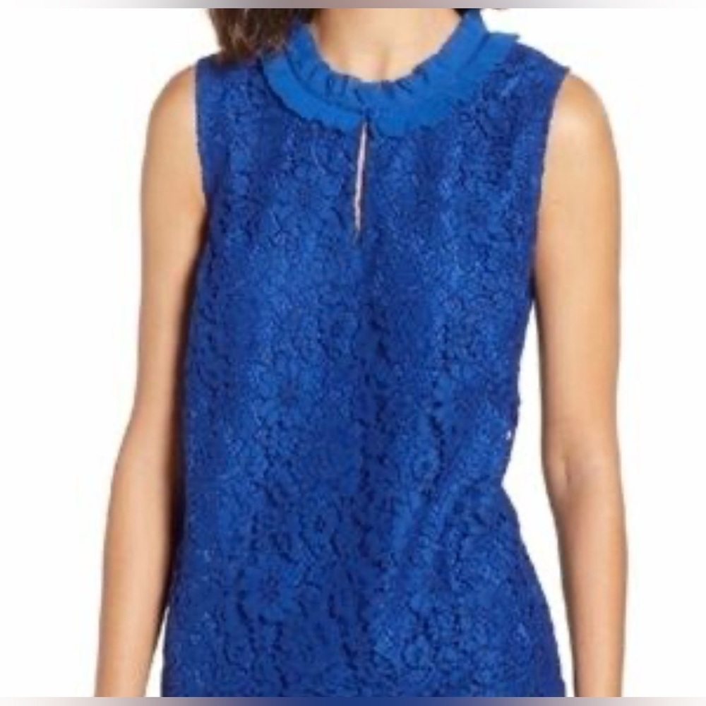 J. Crew cobalt Blue Sleeveless Lace Ruffle-split Neck blouse lined size xs